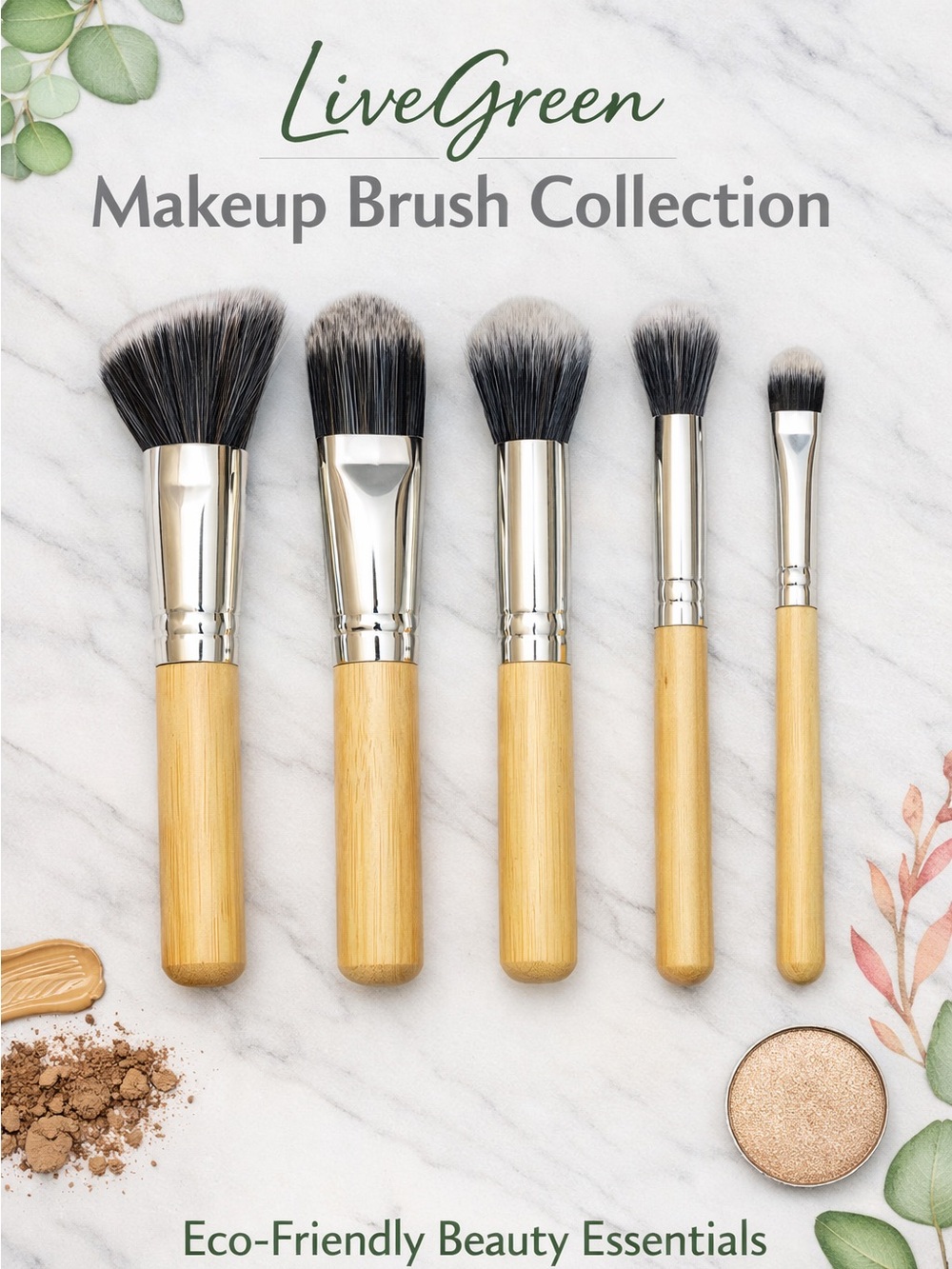 NWT LiveGreen Makeup Brush Collection Gift Set – 5‑Piece Eco‑Friendly Brush Set